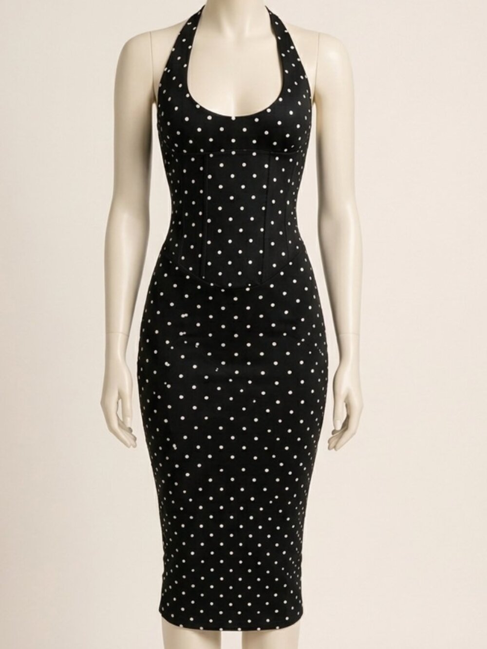 ChicCurve Women's Black White Polka Dot Halter Midi Dress Corset Set M